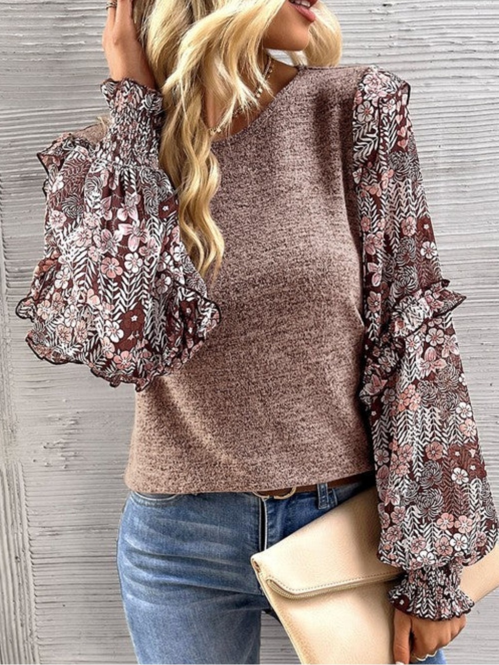 Soft Heather Knit Top with Floral Ruffle Long Sleeve Smocked Cuff